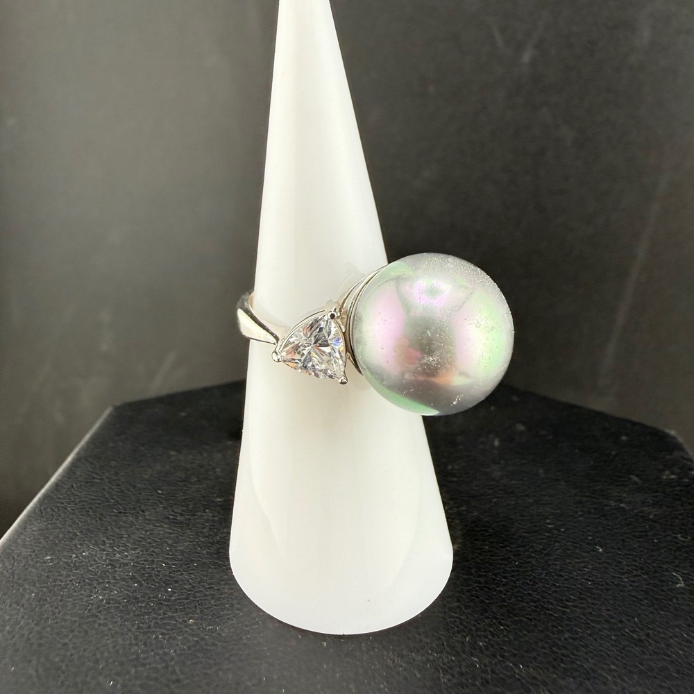 Vintage Estate Ring Grey Pearl Trillion CZ Sterling Silver Cocktail 6 READ
